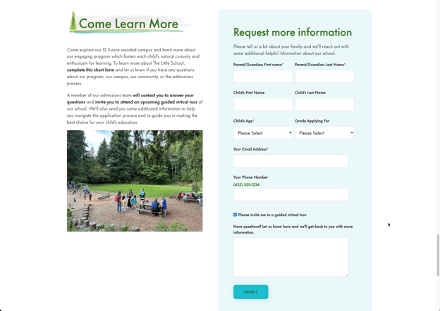 A compelling call-to-action at the bottom of an independent school landing page. It promises more information and invites the parent to engage. 