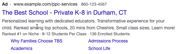 An effective private school ppc ad that aligns with the searcher's needs and persuades them to click and inquire. 