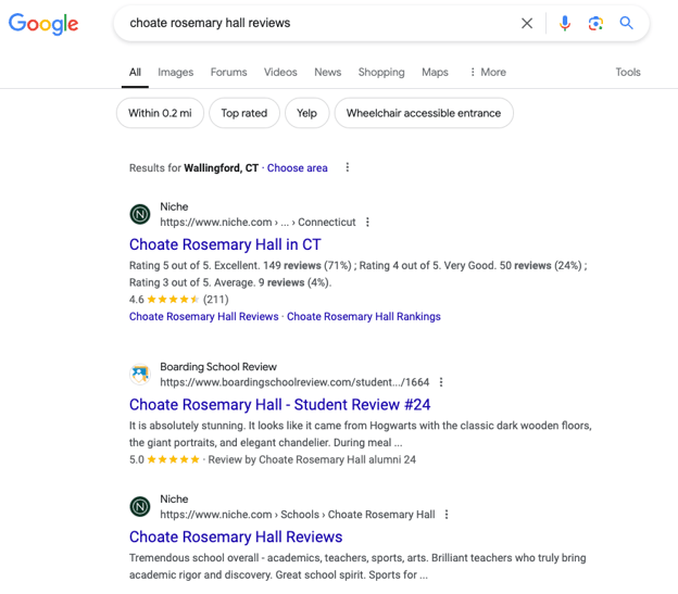 Search results page for a search looking for school reviews