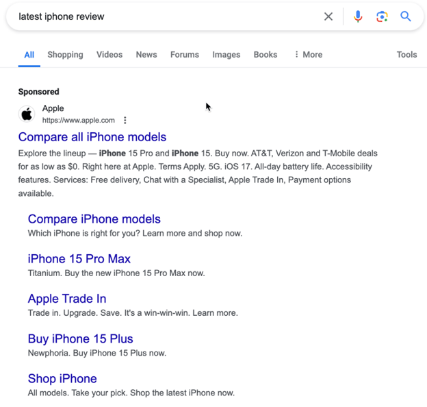 A search ad by Apple that is well-aligned with the searcher's intent. It offers to 'Compare all iPhone models'.